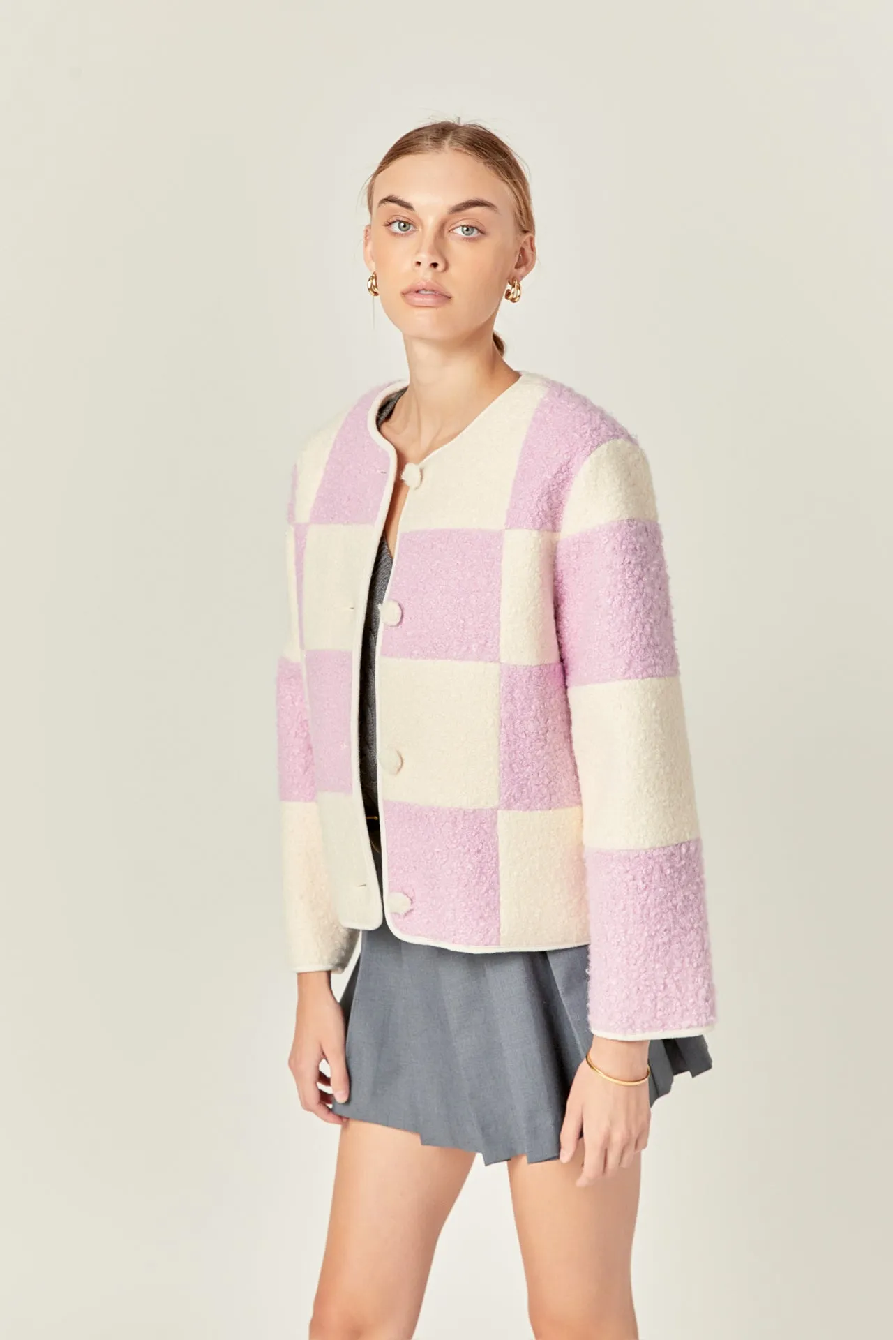 Shearling Check Cardigan