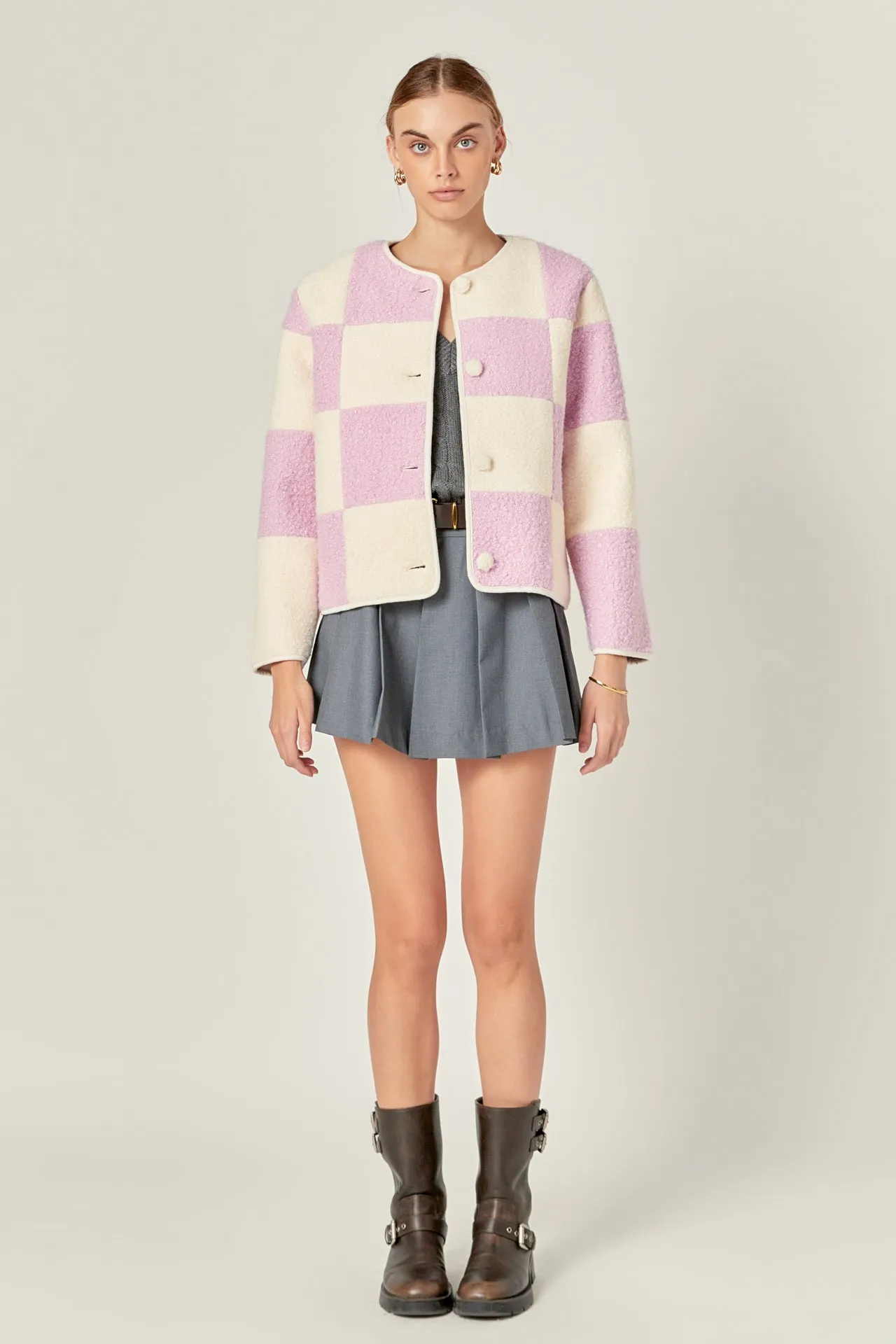 Shearling Check Cardigan