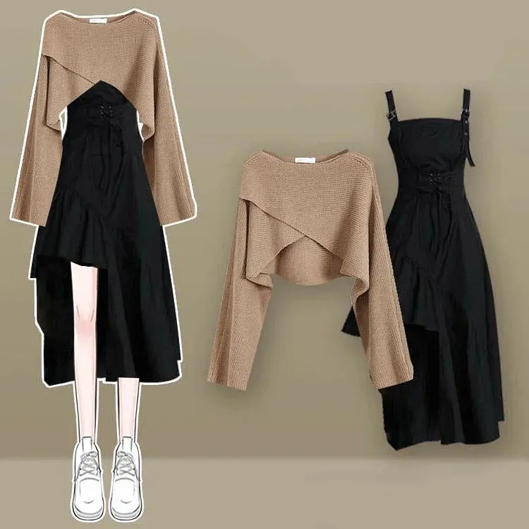 Versatile Preppy Cross Knit Sweater Lace Up Ruffled Slip Dress Two Piece Set