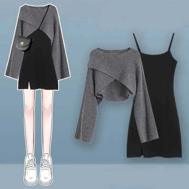 Versatile Preppy Cross Knit Sweater Lace Up Ruffled Slip Dress Two Piece Set