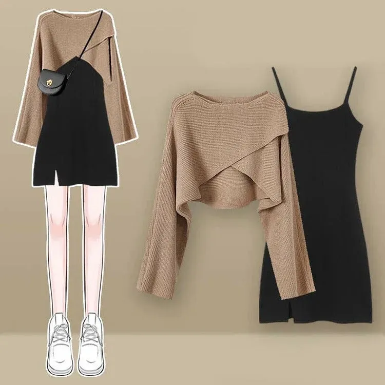 Versatile Preppy Cross Knit Sweater Lace Up Ruffled Slip Dress Two Piece Set