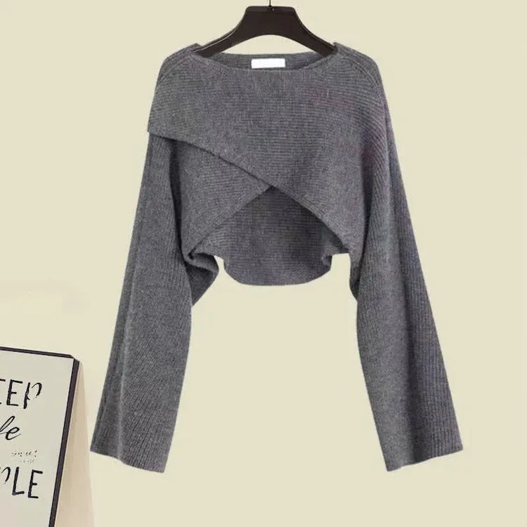 Versatile Preppy Cross Knit Sweater Lace Up Ruffled Slip Dress Two Piece Set