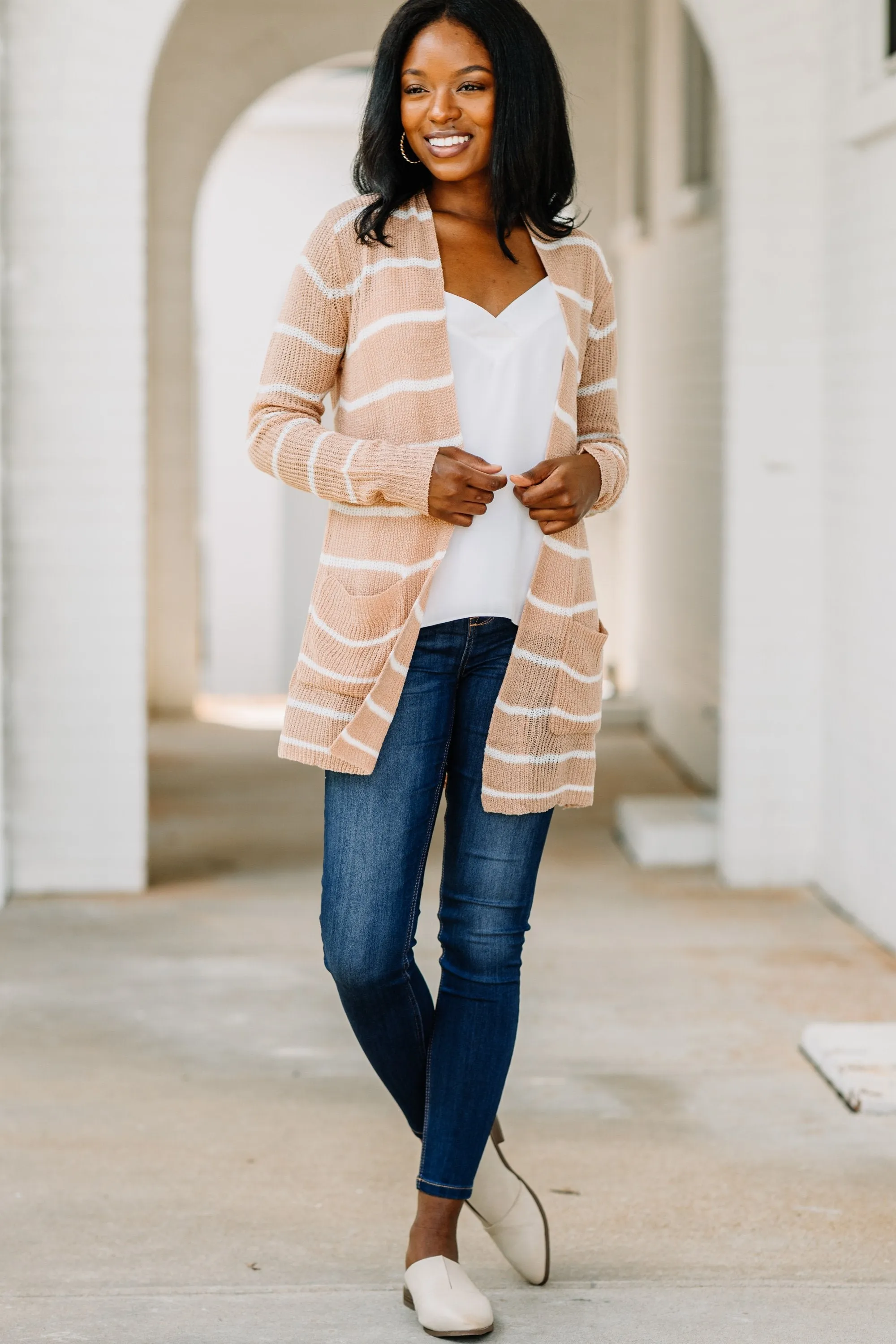 Want It All Light Mocha Brown Striped Cardigan
