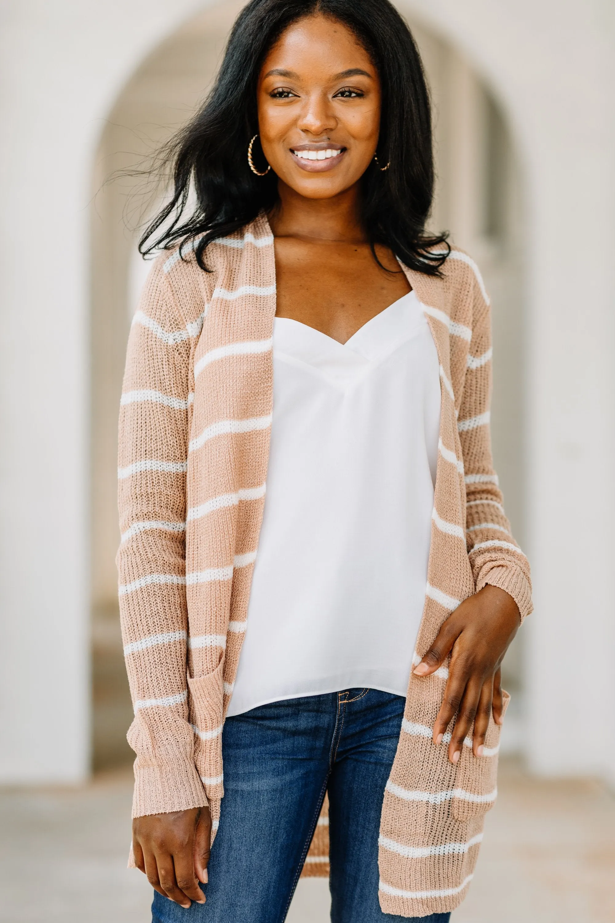 Want It All Light Mocha Brown Striped Cardigan