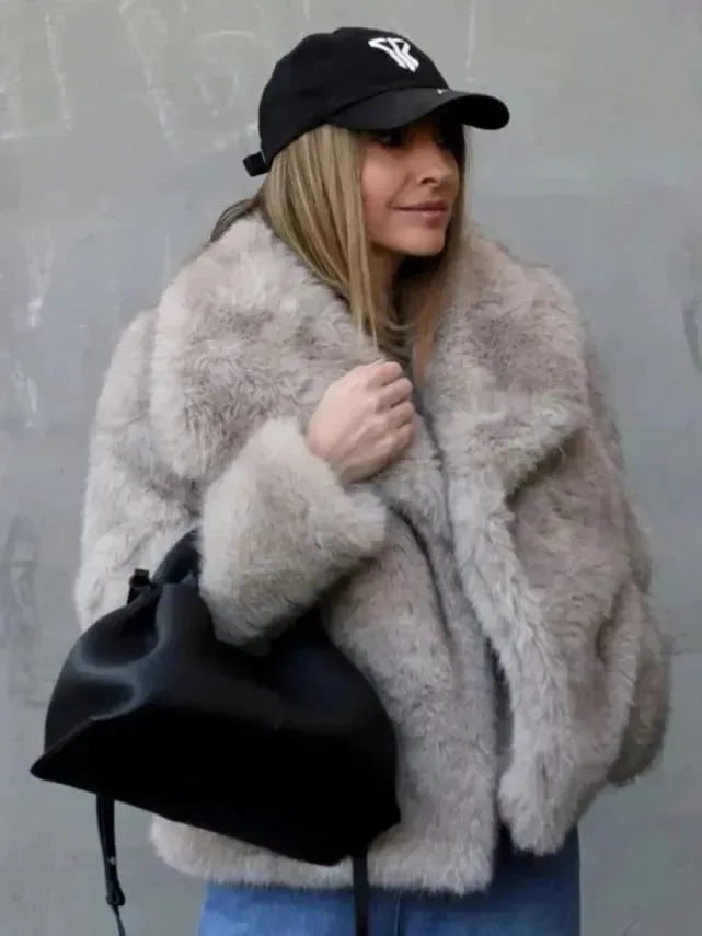 Winter Plush Open front Coat Thick lapel Outwear Faux Fur Coat women