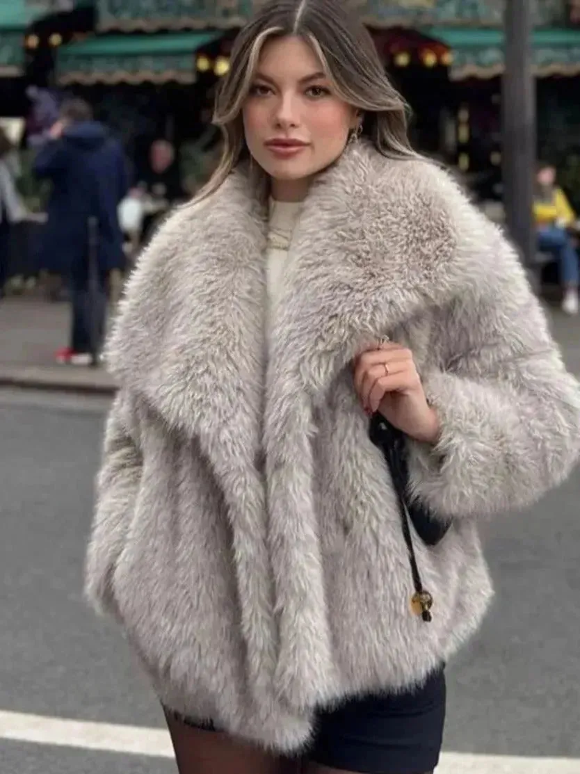 Winter Plush Open front Coat Thick lapel Outwear Faux Fur Coat women