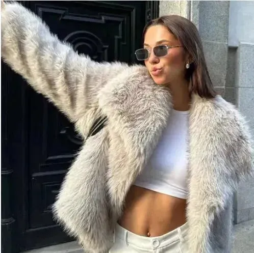 Winter Plush Open front Coat Thick lapel Outwear Faux Fur Coat women