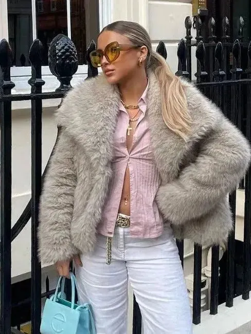Winter Plush Open front Coat Thick lapel Outwear Faux Fur Coat women