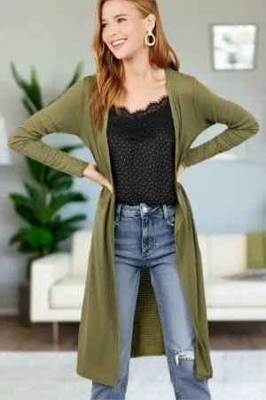 Womens Long Green Cardigan, Open Front Sweater Duster, Sizes S/M/L, Olive Green