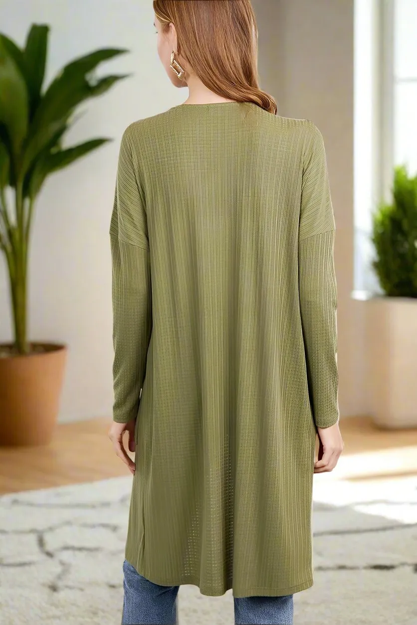 Womens Long Green Cardigan, Open Front Sweater Duster, Sizes S/M/L, Olive Green