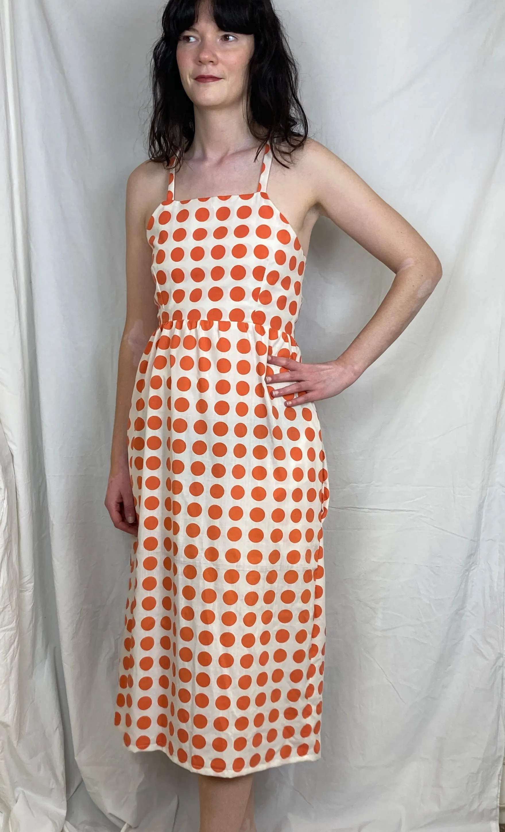 Zarah Handmade Cross Back Orange Polka Dot Midi Dress - Up To Size 12