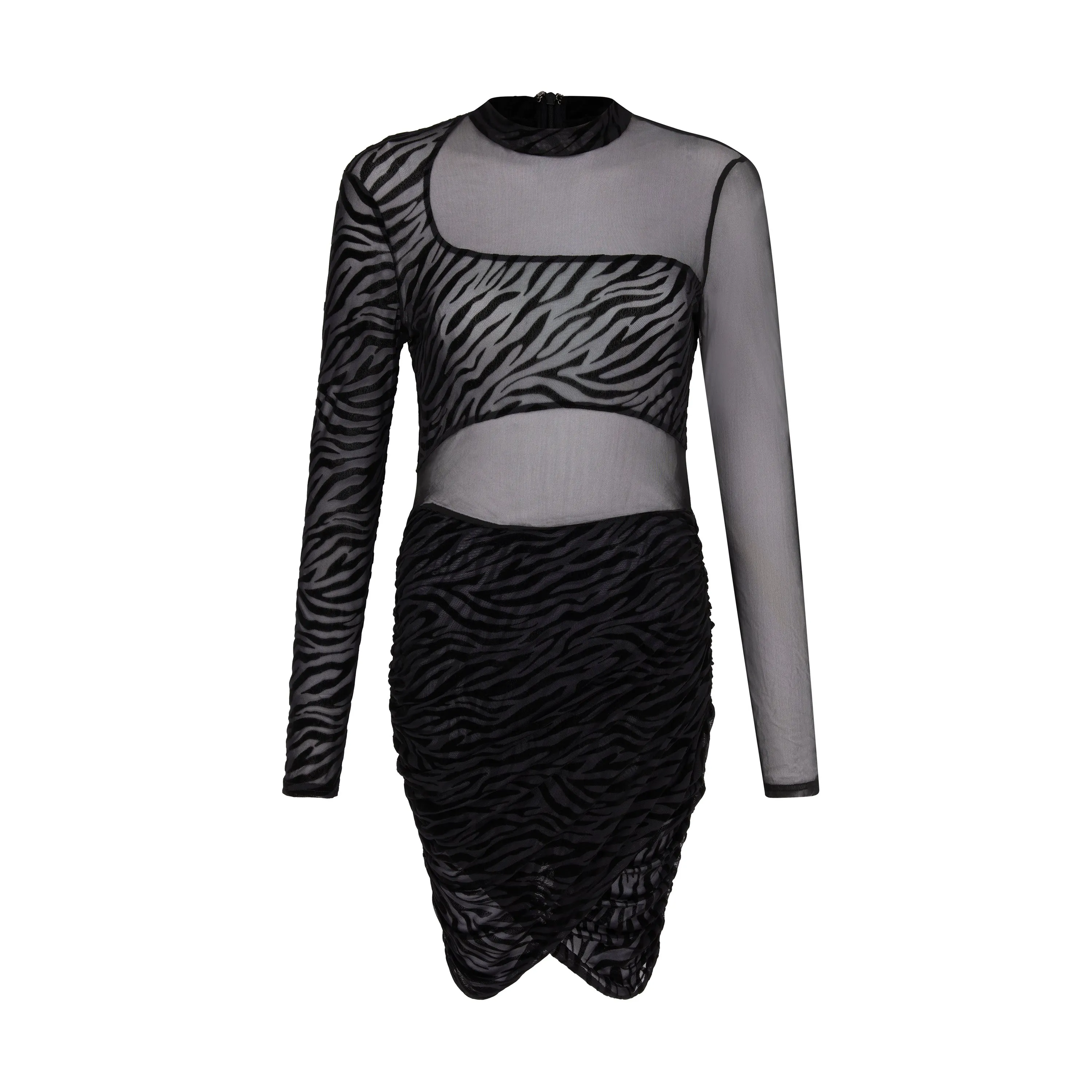 Zebra Pattern Sheer Mesh Illusion Mini Dress in Black